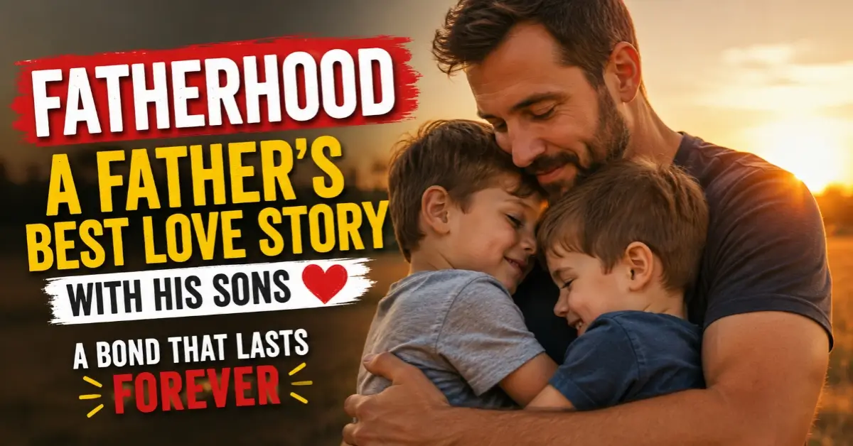 Father embracing his two sons at sunset, showing the unconditional love, emotional bond, and beautiful journey of fatherhood.