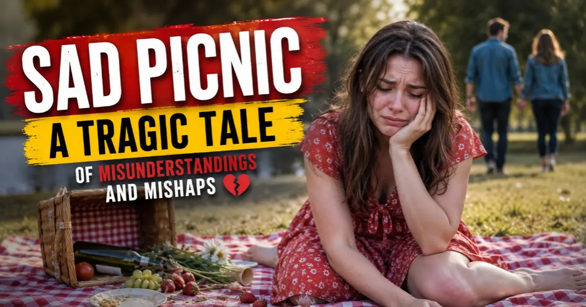 Emotional woman sitting alone at a picnic after a painful misunderstanding, representing heartbreak, sadness, and a tragic love story.