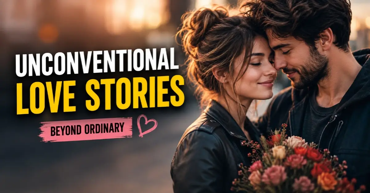 Romantic Western couple sharing a tender moment, representing unconventional love stories, deep connection, and modern romance.