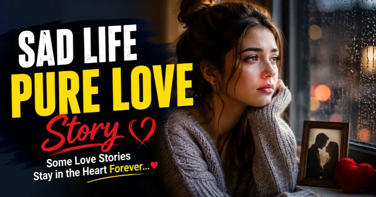 Emotional woman looking through a rainy window, representing a sad life, pure love, heartbreak, and an unforgettable romantic love story.