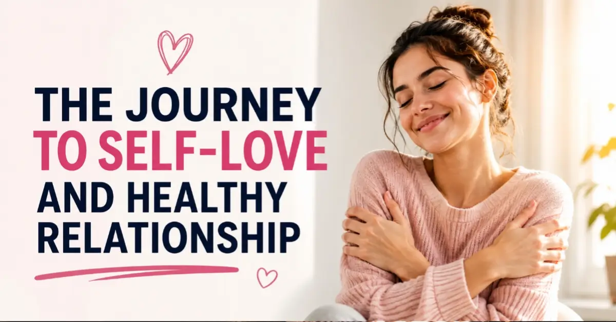 Smiling Western woman embracing herself, symbolizing self-love, emotional healing, confidence, and building healthy relationships.
