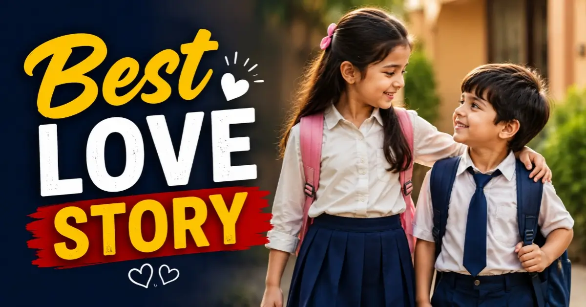 Two young classmates sharing a wholesome friendship moment at school, representing an innocent childhood love story and lasting memories.
