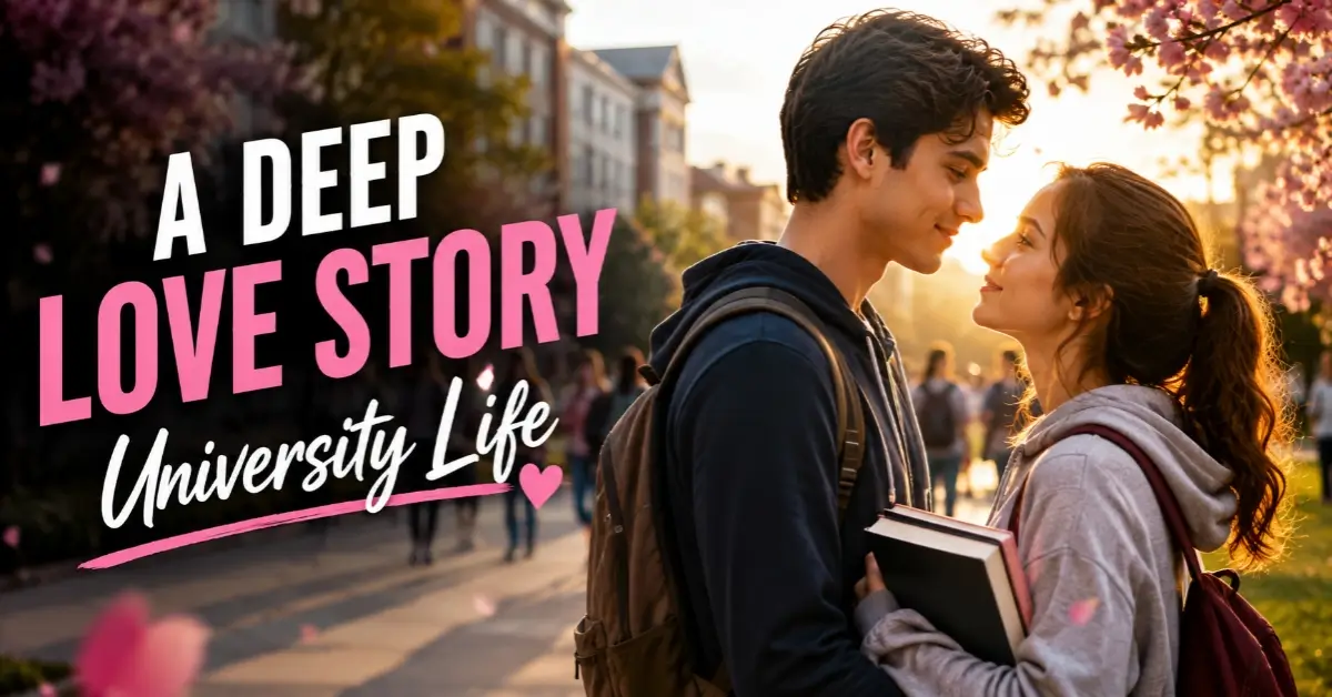 Young Western university couple sharing a romantic moment on campus, representing a deep college love story, emotional connection, and lasting romance.