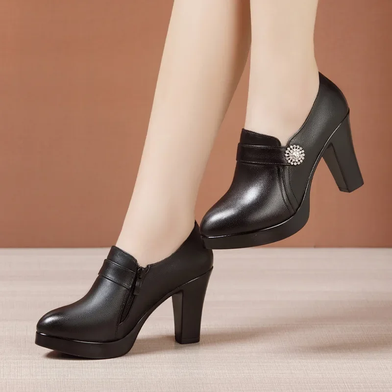 9cm Black Leather Heels Women's Pumps - Image 3
