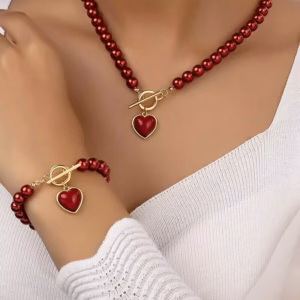 Red Pearl Heart Necklace & Bracelet Set