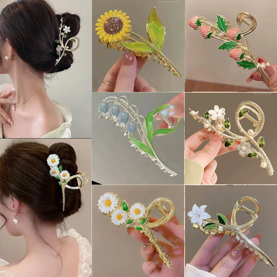 Korean Style Flower Pearl Hair Claw Clip Large Metal Shark Clip Women Elegant Back Head Hair Grab Clip Fashion Hair Accessories - AliExpress 200000297