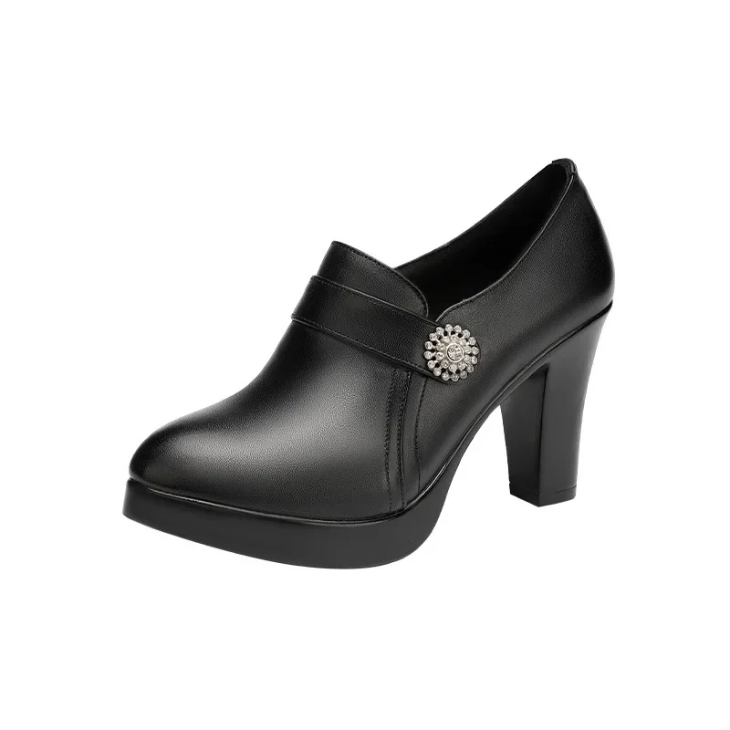 9cm Black Leather Heels Women's Pumps - Image 5