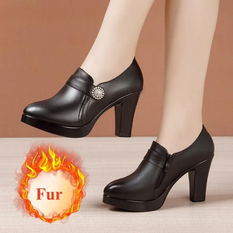 9cm Black Leather Heels Women's Pumps - Image 6