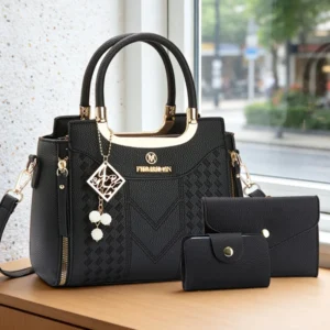 3-piece handbag set made of lychee-grain PU leather. This solid-color women's crossbody bag features a premium texture - AliExpress 1524 - Color : black - Size : 3t