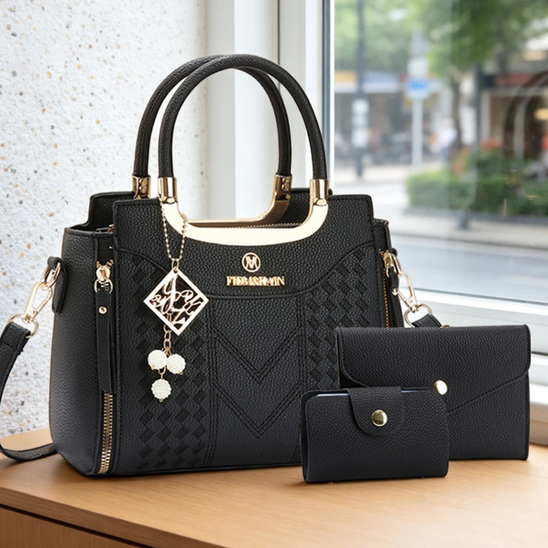 3-piece handbag set made of lychee-grain PU leather. This solid-color women's crossbody bag features a premium texture - AliExpress 1524 - Color : black - Size : 3t