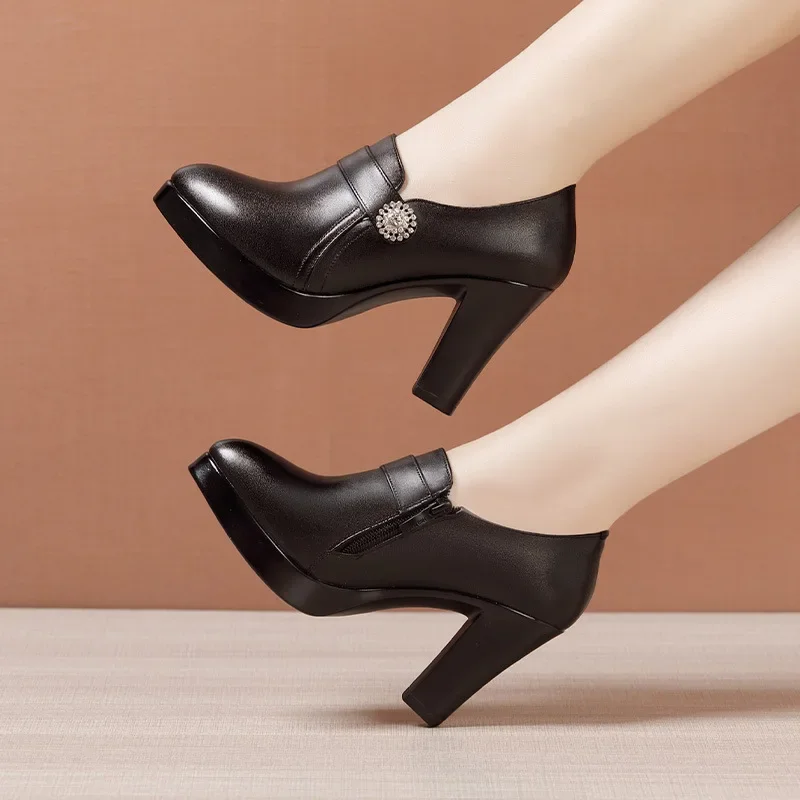 9cm Black Leather Heels Women's Pumps - Image 4
