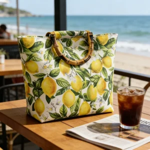 Ethnic Style Women's Large-Capacity Tote Bag, Fresh Lemon Floral Blue Pattern Handbag, High-Quality Imitation Bamboo Handle - AliExpress 1524 - Color : Lemon flowers