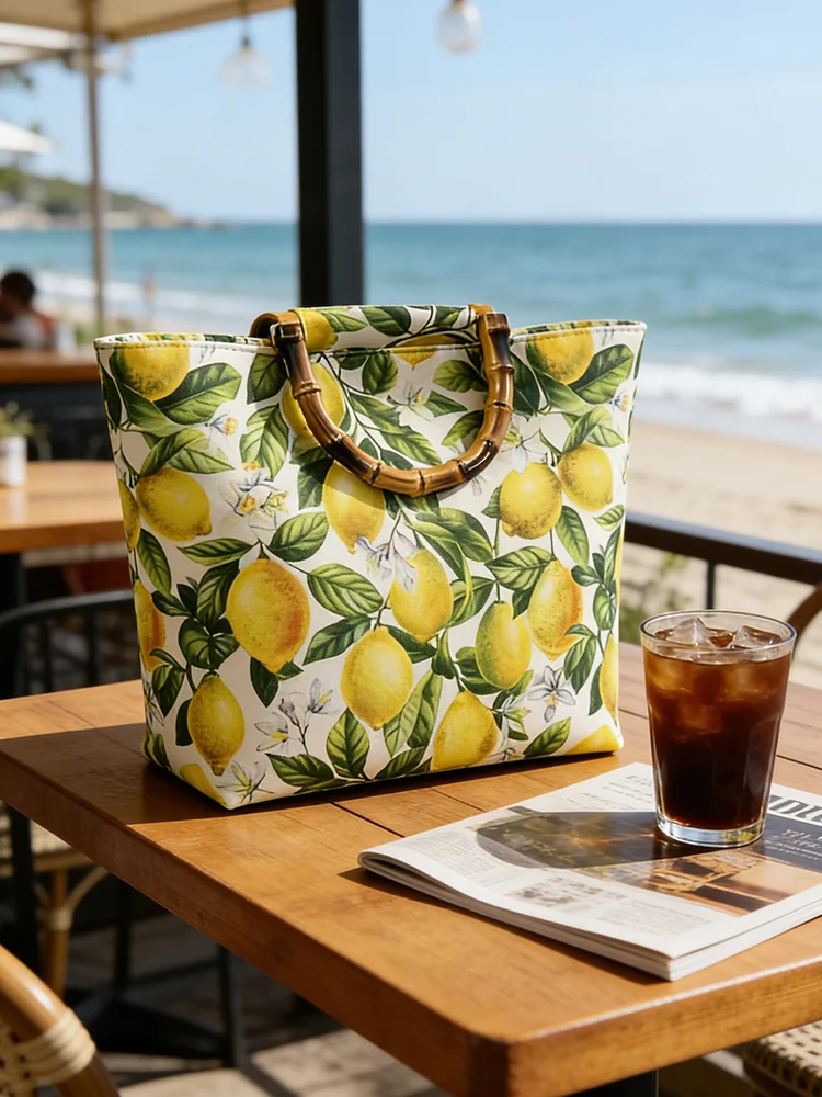 Ethnic Style Women's Large-Capacity Tote Bag, Fresh Lemon Floral Blue Pattern Handbag, High-Quality Imitation Bamboo Handle - AliExpress 1524 - Color : Lemon flowers
