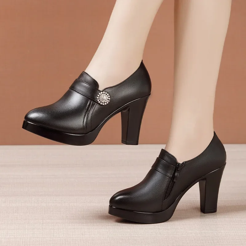 9cm Black Leather Heels Women's Pumps