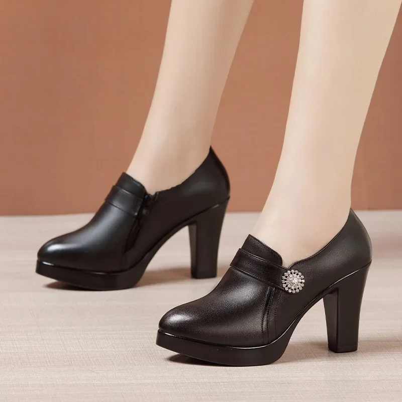 9cm Black Leather Heels Women's Pumps - Image 2