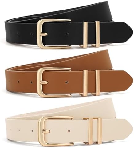 XZQTIVE 3 Pack Women Belts For Jeans Dresses Pants Ladies Leather Waist Belt with Gold Buckle at Amazon Women’s Clothing store