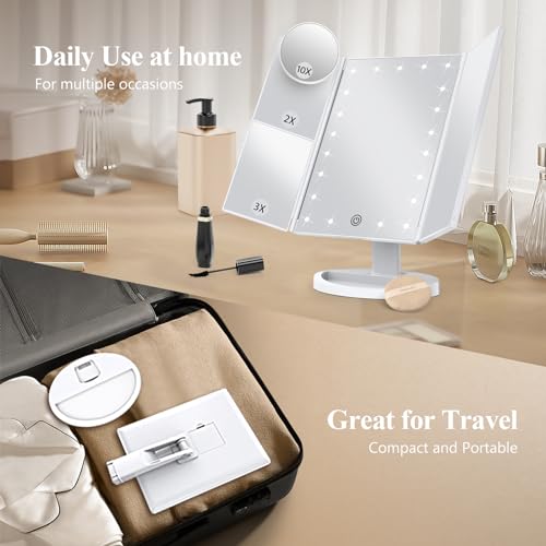 HUONUL 2X/3X/10X Magnifying Vanity Mirror with Light, Trifold Makeup Mirror | Touch Dimming, Dual Power, Clear View for Makeup, Skincare. Dorm Room Essentials. Birthday Gifts for Women, Mom, Wife, Girls : Beauty & Personal Care - Image 4