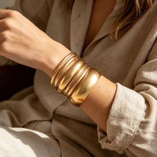 Gold Bangle Bracelets for Women Chunky Gold Plated Stack Jewelry | Summer Trendy Dainty Statement Cuff Big Bangles Set Gift: Clothing, Shoes & Jewelry - Image 8
