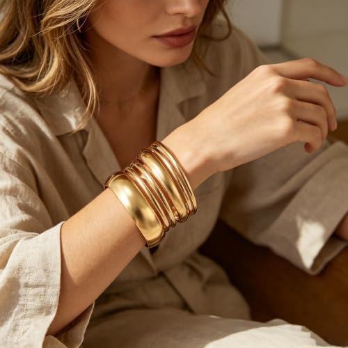 Gold Bangle Bracelets for Women Chunky Gold Plated Stack Jewelry | Summer Trendy Dainty Statement Cuff Big Bangles Set Gift: Clothing, Shoes & Jewelry - Image 2