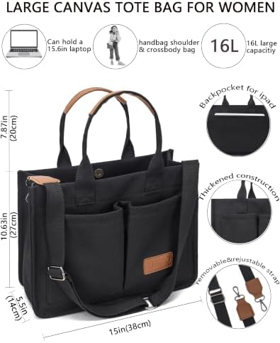 | ZHMO Canvas Tote Bag for Women With Compartments and Pocket,Black Women's Bags Crossbody Bags Work Laptop Tote Bag Large Satchels Handbag Tote Purse Everyday Shoulder Bag for Travel Nurse Teacher Gift | Travel Totes - Image 3