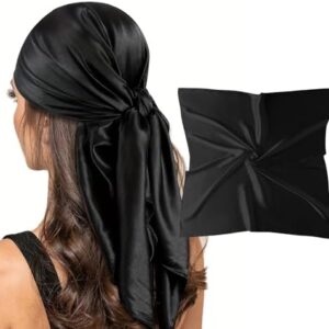 vimate Black Silk Feeling Scarf, 35'' Square Retro Soild color Satin Headband Scarf for Hair Wrapping at Night (Black) at Amazon Women’s Clothing store