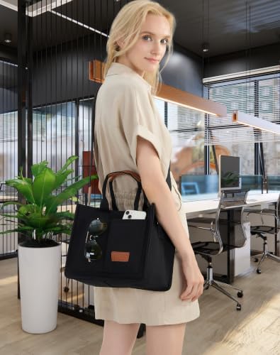 | ZHMO Canvas Tote Bag for Women With Compartments and Pocket,Black Women's Bags Crossbody Bags Work Laptop Tote Bag Large Satchels Handbag Tote Purse Everyday Shoulder Bag for Travel Nurse Teacher Gift | Travel Totes - Image 2