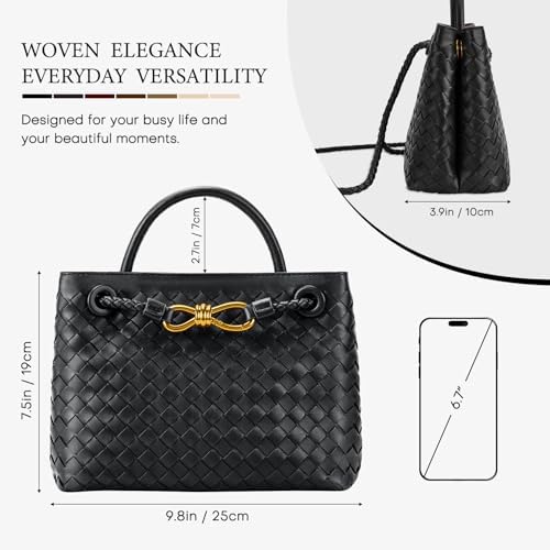 Woven Tote Bag for Women Leather Shoulder Handbag Designer Top Handle Purses(Black) Handbags: - Image 4
