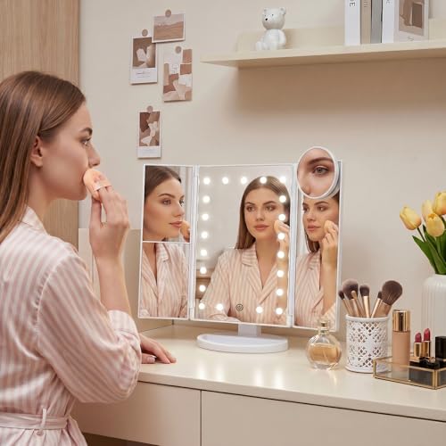 HUONUL 2X/3X/10X Magnifying Vanity Mirror with Light, Trifold Makeup Mirror | Touch Dimming, Dual Power, Clear View for Makeup, Skincare. Dorm Room Essentials. Birthday Gifts for Women, Mom, Wife, Girls : Beauty & Personal Care - Image 5