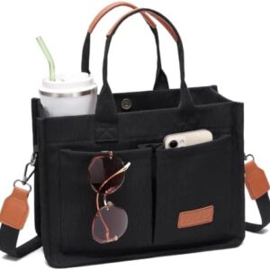 | ZHMO Canvas Tote Bag for Women With Compartments and Pocket,Black Women's Bags Crossbody Bags Work Laptop Tote Bag Large Satchels Handbag Tote Purse Everyday Shoulder Bag for Travel Nurse Teacher Gift | Travel Totes