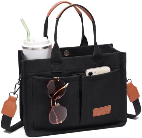 | ZHMO Canvas Tote Bag for Women With Compartments and Pocket,Black Women's Bags Crossbody Bags Work Laptop Tote Bag Large Satchels Handbag Tote Purse Everyday Shoulder Bag for Travel Nurse Teacher Gift | Travel Totes
