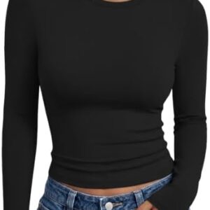 Trendy Queen Womens Long Sleeve T Shirts Fall Basic Tops Black S | Buttery-Soft, Super Stretchy, Fitted Cute Tops, Going Out Basic Tees, Compression Underscrubs Shirts at Amazon Women’s Clothing store