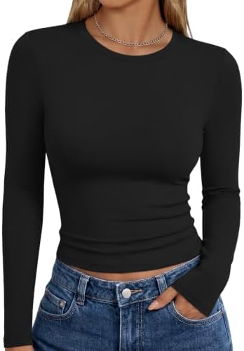 Trendy Queen Womens Long Sleeve T Shirts Fall Basic Tops Black S | Buttery-Soft, Super Stretchy, Fitted Cute Tops, Going Out Basic Tees, Compression Underscrubs Shirts at Amazon Women’s Clothing store