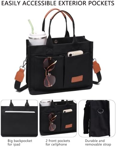 | ZHMO Canvas Tote Bag for Women With Compartments and Pocket,Black Women's Bags Crossbody Bags Work Laptop Tote Bag Large Satchels Handbag Tote Purse Everyday Shoulder Bag for Travel Nurse Teacher Gift | Travel Totes - Image 5