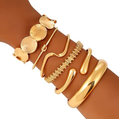 ILGANT Gold Bangle Bracelets for Women Gold Plated Chunky Cuff Bangle Bracelet Stackable Multi Layer Bangles Fashion Jewelry Set (Gold Bracelets-1): Clothing, Shoes & Jewelry - Image 2