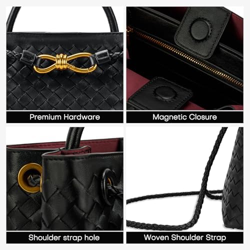 Woven Tote Bag for Women Leather Shoulder Handbag Designer Top Handle Purses(Black) Handbags: - Image 6