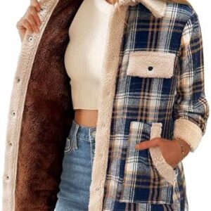 Zeagoo Womens Sherpa Jacket Flannel Plaid Shackets for Women 2026 Fall Fuzzy Fleece Button Up Coat Outwear Navy Blue XXL at Amazon Women's Coats Shop
