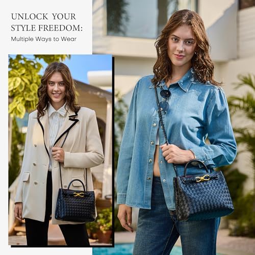 Woven Tote Bag for Women Leather Shoulder Handbag Designer Top Handle Purses(Black) Handbags: - Image 2