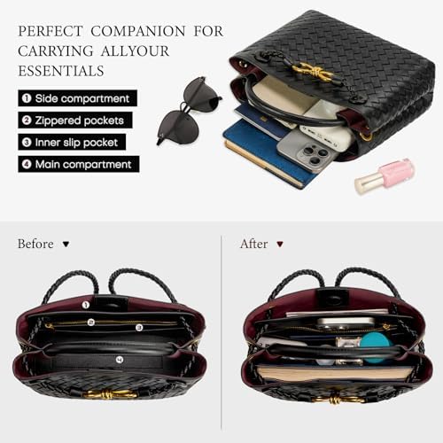 Woven Tote Bag for Women Leather Shoulder Handbag Designer Top Handle Purses(Black) Handbags: - Image 5