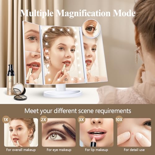 HUONUL 2X/3X/10X Magnifying Vanity Mirror with Light, Trifold Makeup Mirror | Touch Dimming, Dual Power, Clear View for Makeup, Skincare. Dorm Room Essentials. Birthday Gifts for Women, Mom, Wife, Girls : Beauty & Personal Care - Image 2
