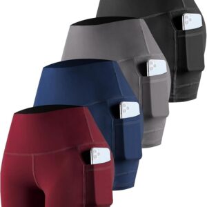 CHRLEISURE Womens Biker Yoga Shorts with Pockets High Waisted Tummy Control Spandex Workout Athletic Gym Shorts 4 Packs(5'' Black,Gray,Navy,Wine, L) at Amazon Women’s Clothing store