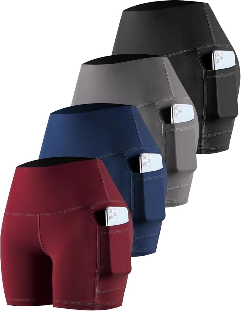 CHRLEISURE Womens Biker Yoga Shorts with Pockets High Waisted Tummy Control Spandex Workout Athletic Gym Shorts 4 Packs(5'' Black,Gray,Navy,Wine, L) at Amazon Women’s Clothing store