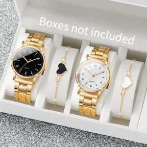 4Pcs Women’s Gold Quartz Watch Set, Minimalist Round Dial Steel Band Wrist Watch with Heart Pendant Bracelet Jewelry Gift Kit - AliExpress 1511 - Color : 4PCS Set Without Box