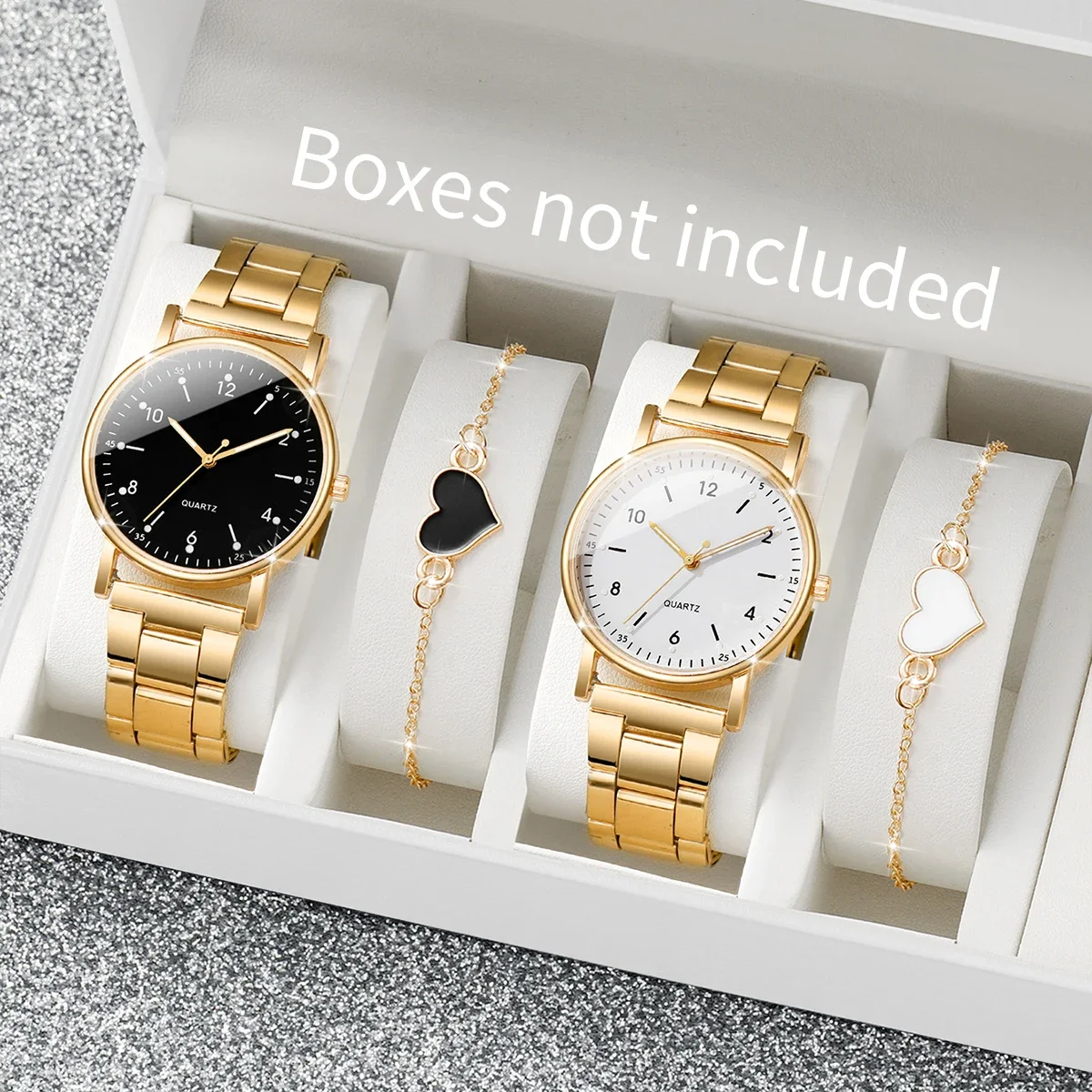 4Pcs Women’s Gold Quartz Watch Set, Minimalist Round Dial Steel Band Wrist Watch with Heart Pendant Bracelet Jewelry Gift Kit - AliExpress 1511 - Color : 4PCS Set Without Box