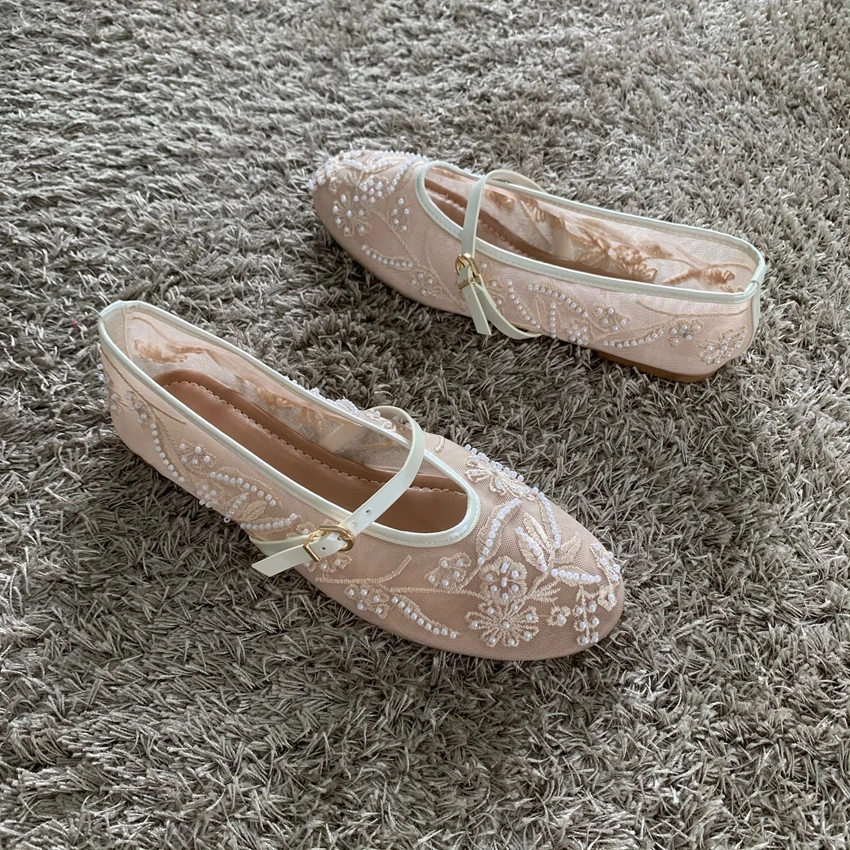 Mesh Embroidery String Bead Design Women Ballet Flats Fashion Buckle Breathable Mary Jane Shoe Comfort Low Heel Soft Flat Sandal - AliExpress 322 - Color : PDCZ-R - Shoe Size : 37 - Image 3