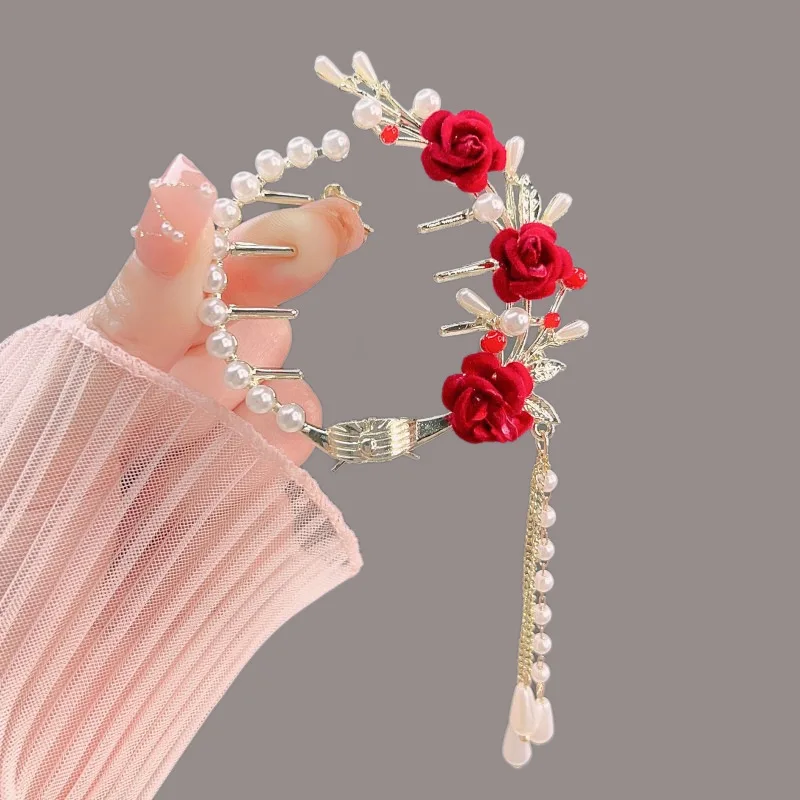 1 Pcs Fashion Exquisite Artificial Pearl Tassel Rose Flower Hair Claws For Women Girls Party Hair Accessories - AliExpress 200000297 - Color : 1 pcs red - Image 5