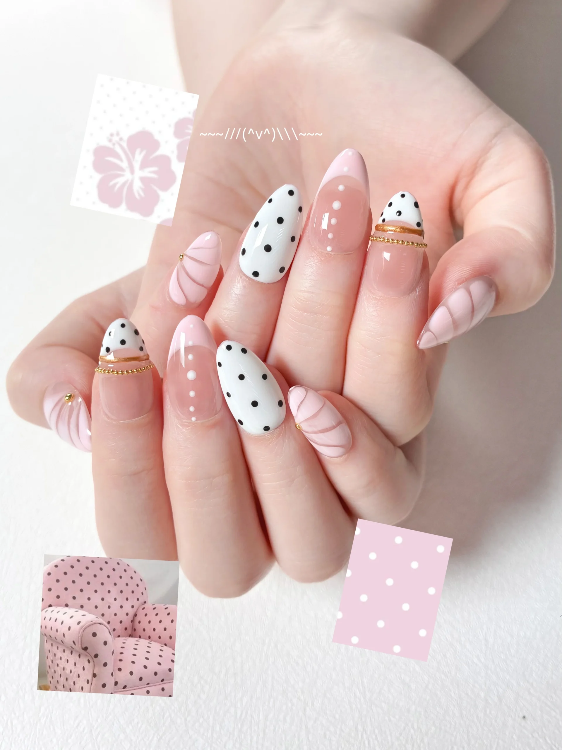 10pcs Handmade Pink French Polka Dot Press On Nails Short Almond Sweet Cute Fake Nails Gold Bead Decor False Nails - AliExpress 66 - Color : M - Image 2
