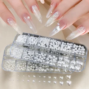 12 Grids Heart & Round Pearl Nail Charms Set Mixed Size White Pearls 3D Nail Art Decorations - AliExpress 66 - Color : rice white