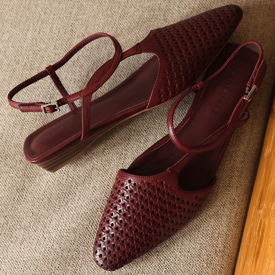 danxuefei women's hollow-out sheepskin pointed toe ankle strap sandals 2cm kitten heel summer slim daily dress heeled shoes sale - AliExpress 322 - Color : wine red - Shoe Size : 40 - Image 3