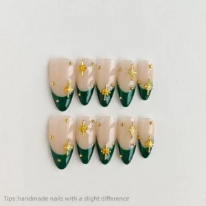 10pcs Handmade Nude Green Gold Star Press on Nails Almond Long Full Cover Wearable Reusable Sweet False Nails 2026 - AliExpress 66 - Color : M