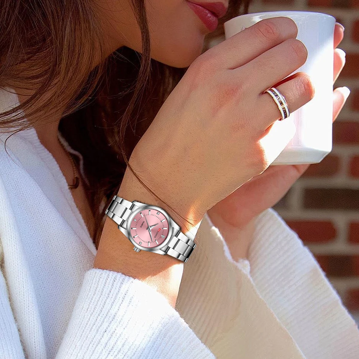 Luxury Women's Watch 29mm Fashionable Stainless Steel Rhinestone Pink Minimalist Girl Clock Outdoor Travel Women Wrist Watches - AliExpress 1511 - Color : 310H - Image 5